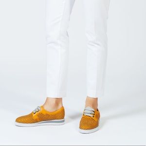 Pazolini Yellow Lace Up Leather Shoes With Rhinestones Perforated Upper Size 38